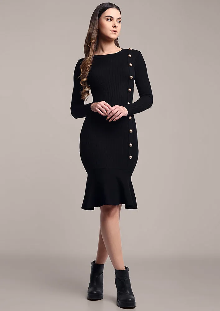 Black Knitted Dress with Side Button Placket