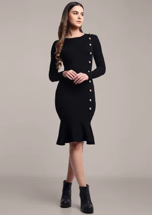 Black Knitted Dress with Side Button Placket