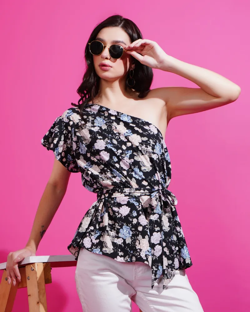 Black petals one-shoulder beauty top