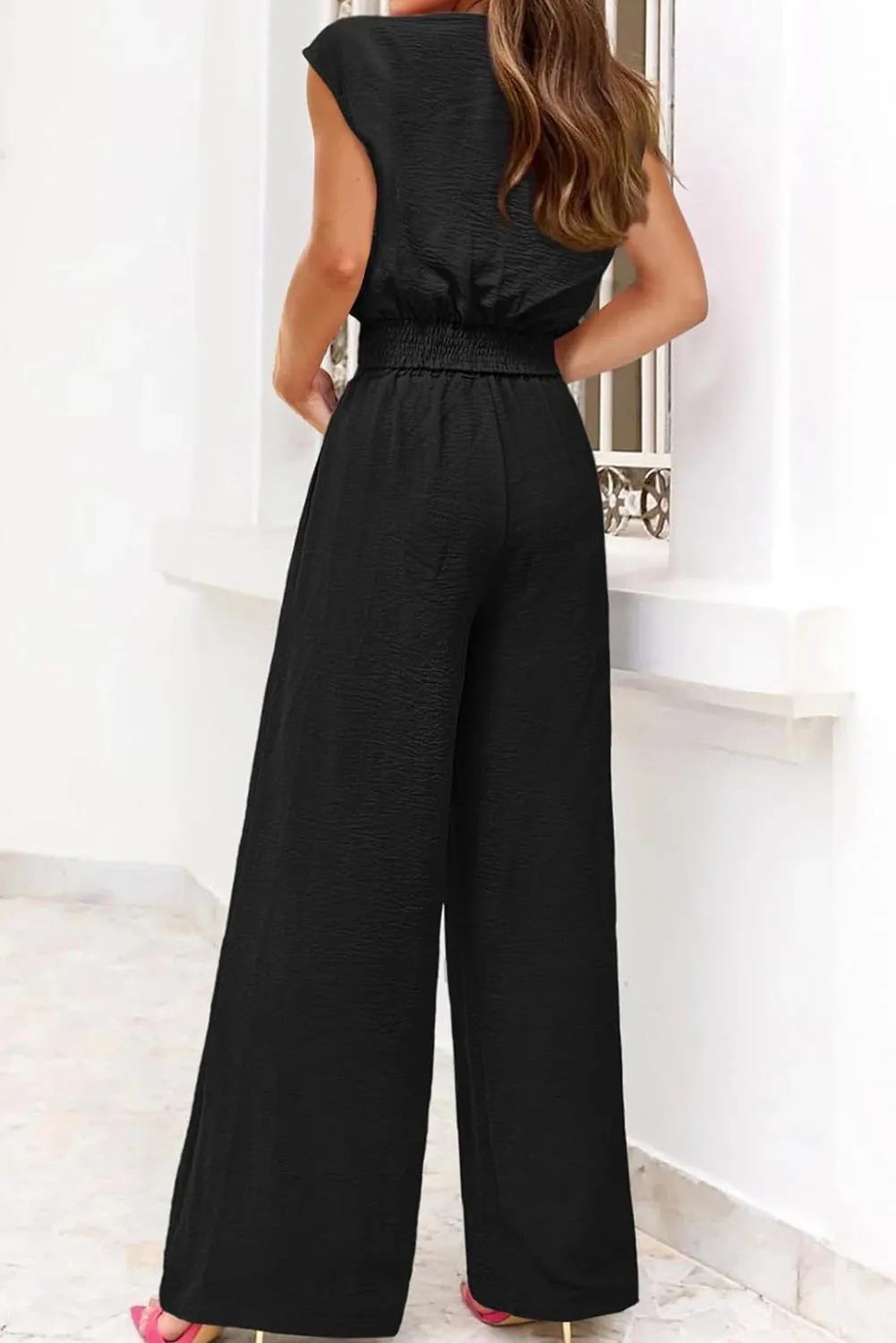 Black V Neck Knot Waist Sleeveless Top and Wide Leg Pants Set