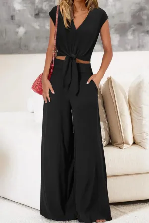 Black V Neck Knot Waist Sleeveless Top and Wide Leg Pants Set