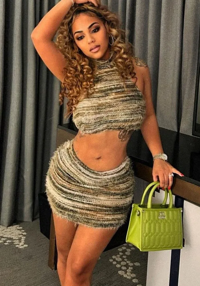 Chic Fuzzy Halter Crop Top and Mini Skirt Two-Piece Set