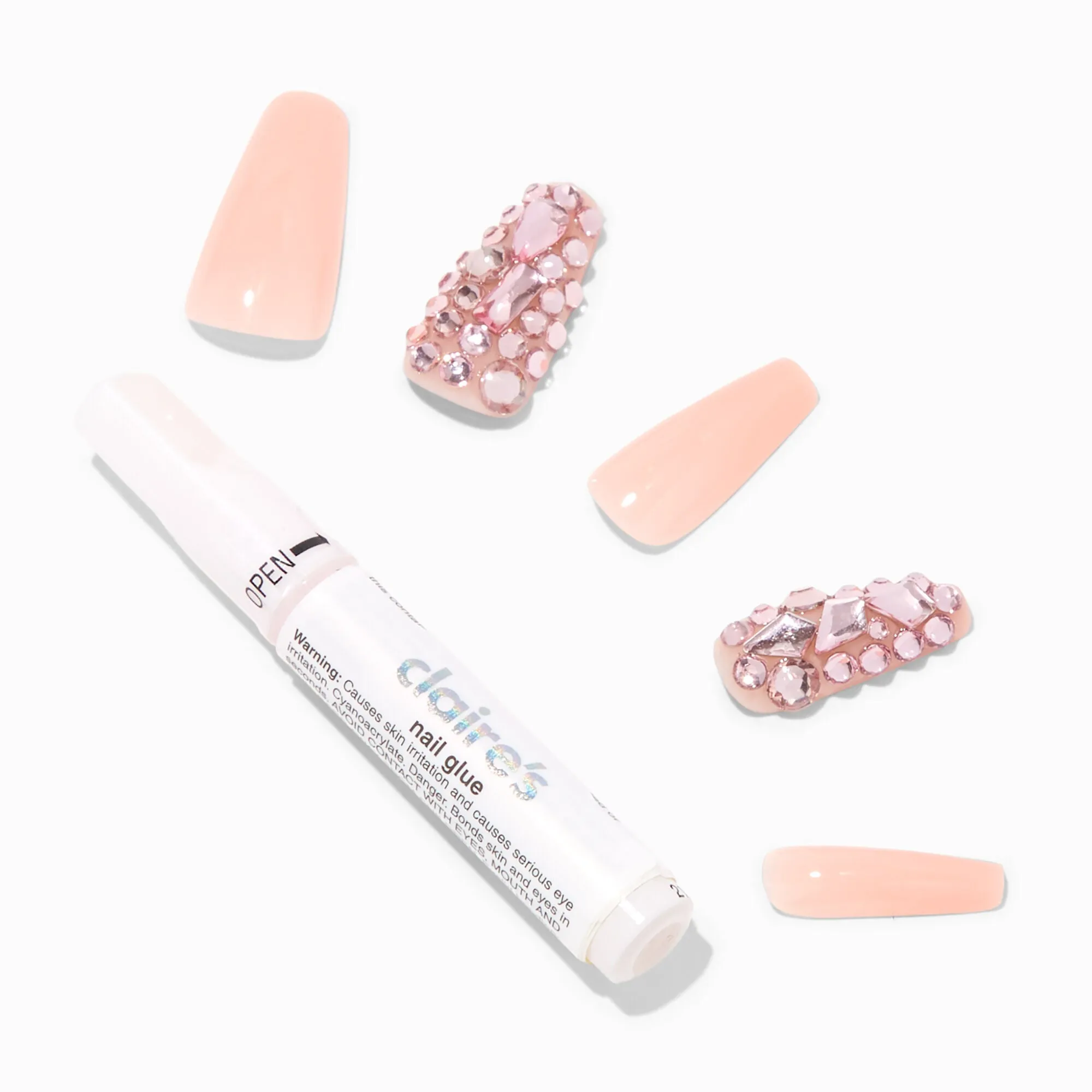 Claire's Pink Extra Bling Squareletto Vegan Faux Nail Set - 24 Pack