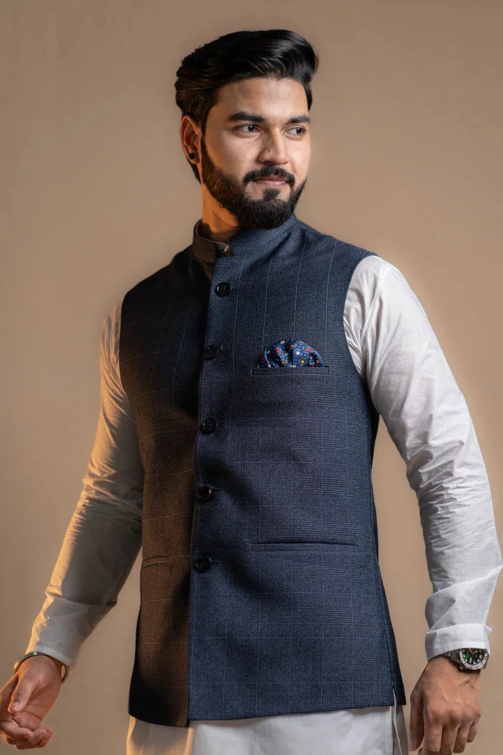 Classic Blue Checkered Nehru Jacket