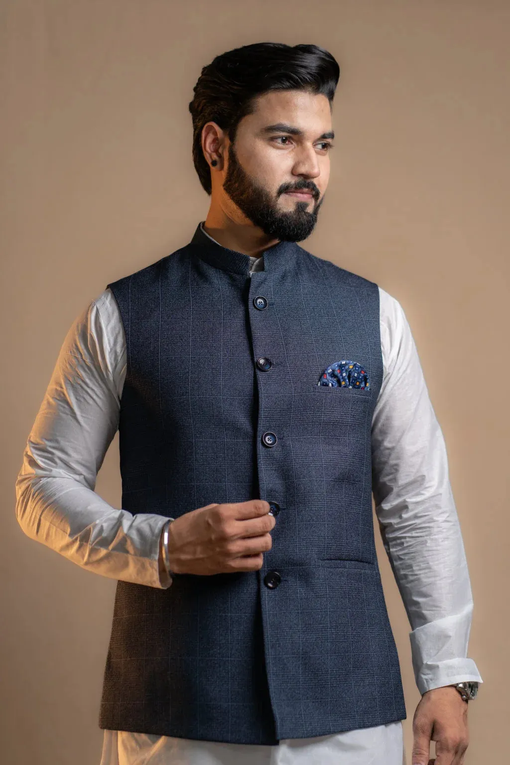 Classic Blue Checkered Nehru Jacket