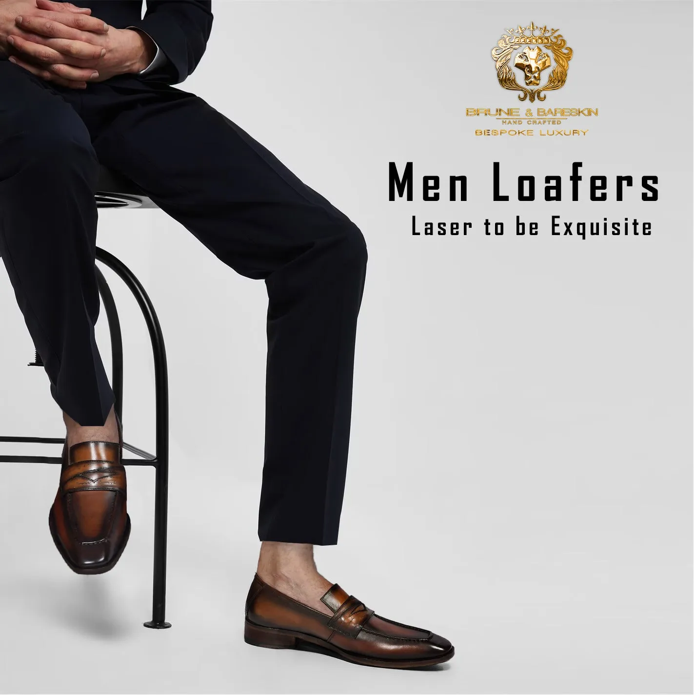 Cognac Sleek Toe Leather Loafers with Contrasting Darker Laser Engraved Strap