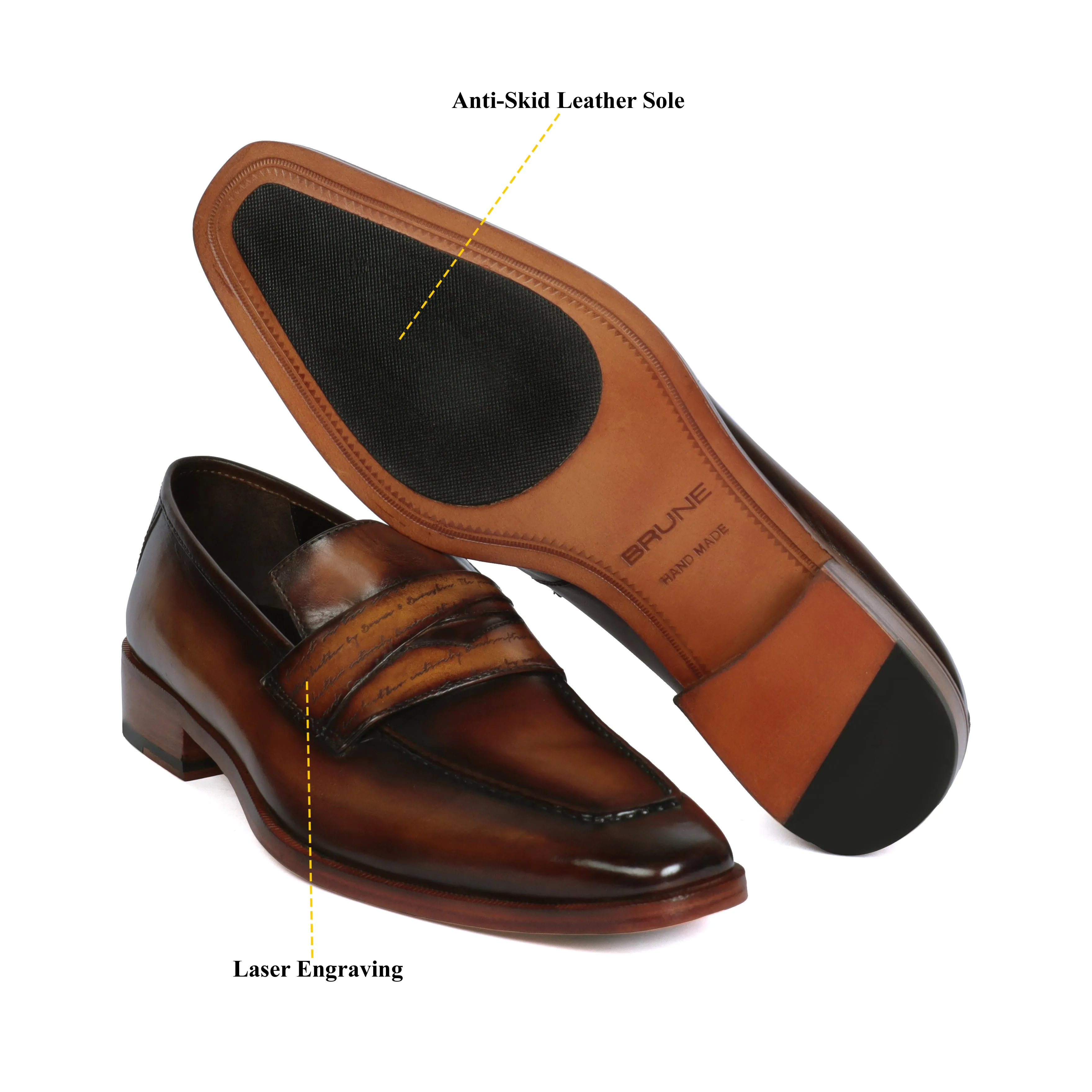 Cognac Sleek Toe Leather Loafers with Contrasting Darker Laser Engraved Strap