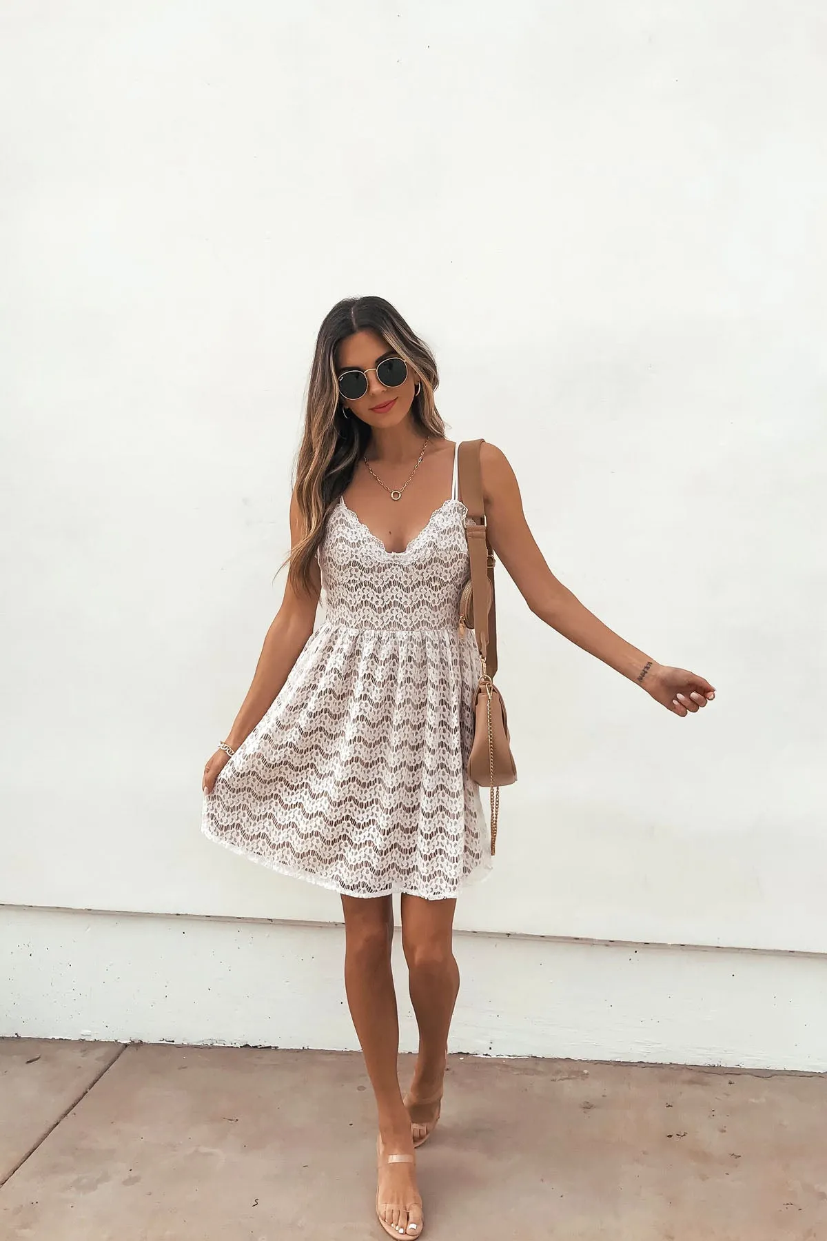 Cream Striped Crochet Lace Mini Dress - FINAL SALE