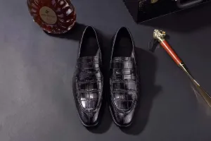 Crocodile Shoes Mens Crocodile Leather Penny Loafer Shoes Black