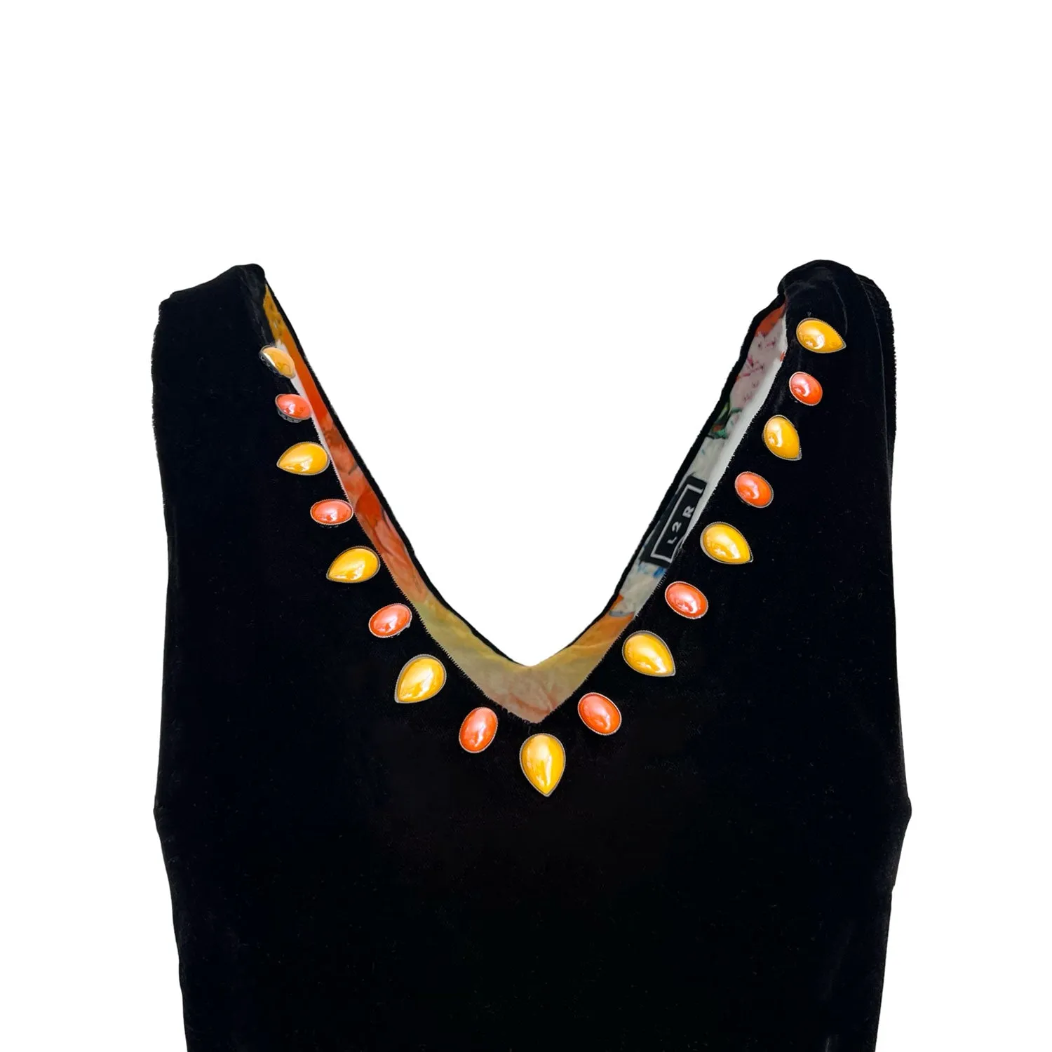 Dress with Slit in Black Velvet And Yellow Silk Belt
