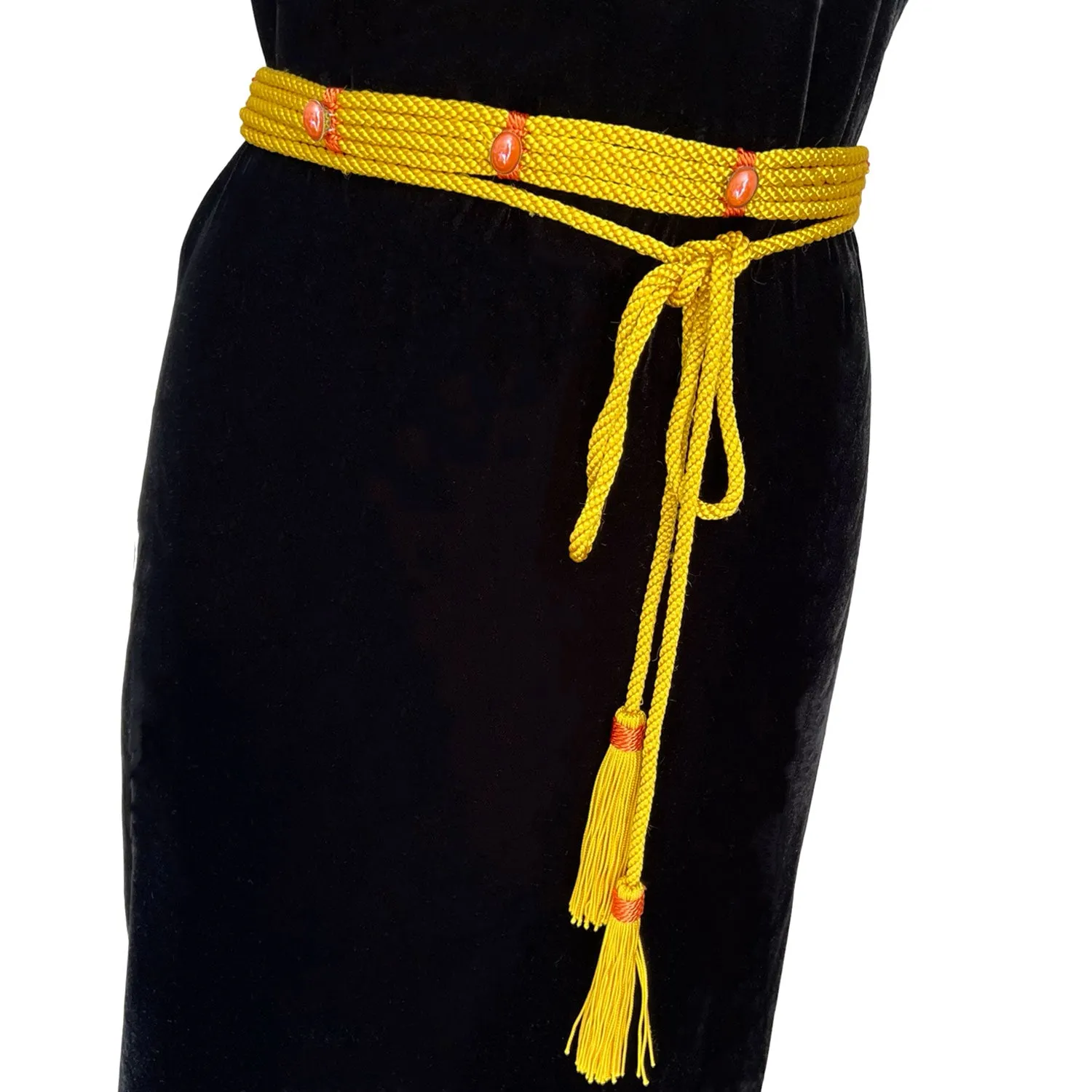 Dress with Slit in Black Velvet And Yellow Silk Belt