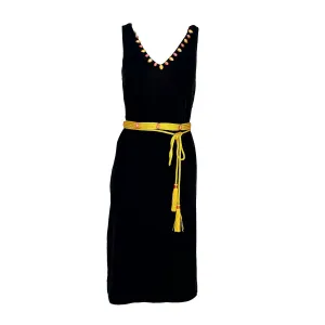 Dress with Slit in Black Velvet And Yellow Silk Belt
