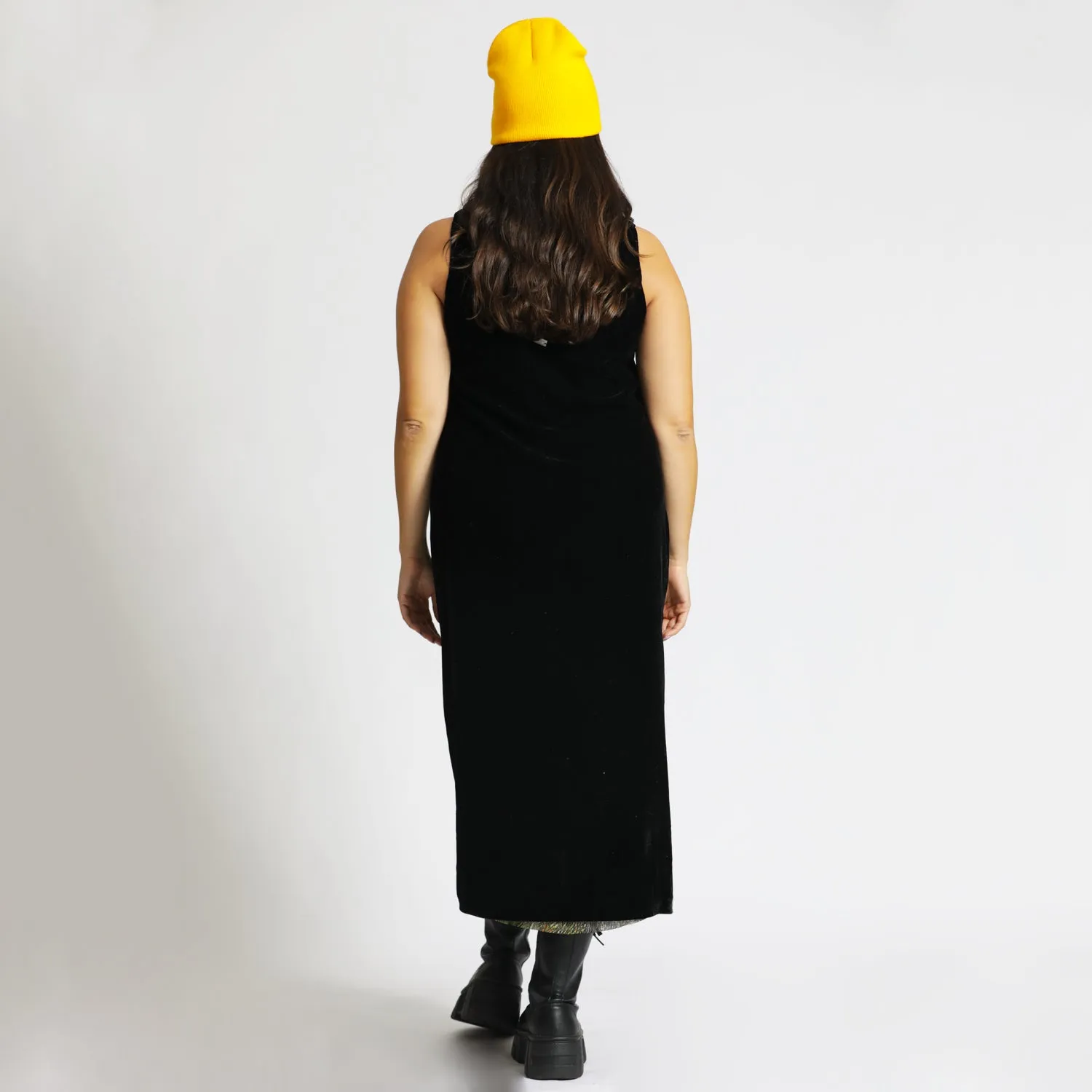 Dress with Slit in Black Velvet And Yellow Silk Belt