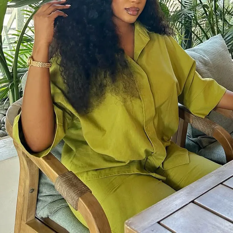 Effortlessly Chic Relaxed Fit Button-Up Two-Piece Pants Set