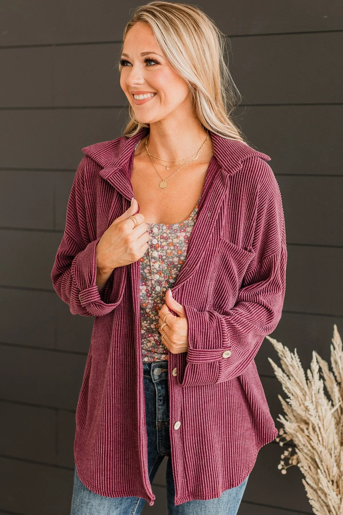 Feeling Bold Ribbed Shirt Jacket- Wine
