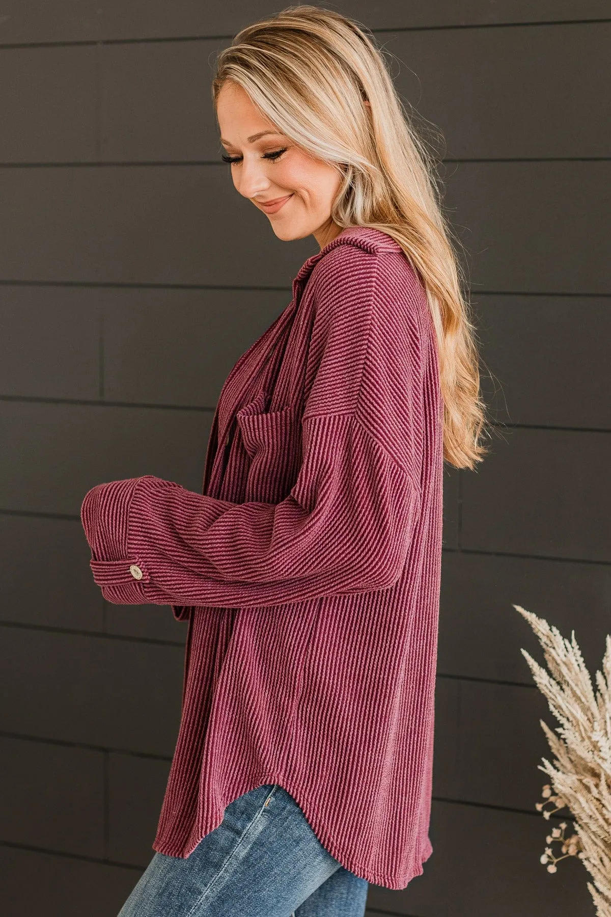 Feeling Bold Ribbed Shirt Jacket- Wine