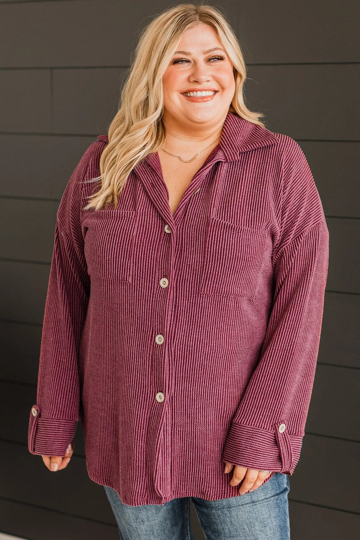 Feeling Bold Ribbed Shirt Jacket- Wine