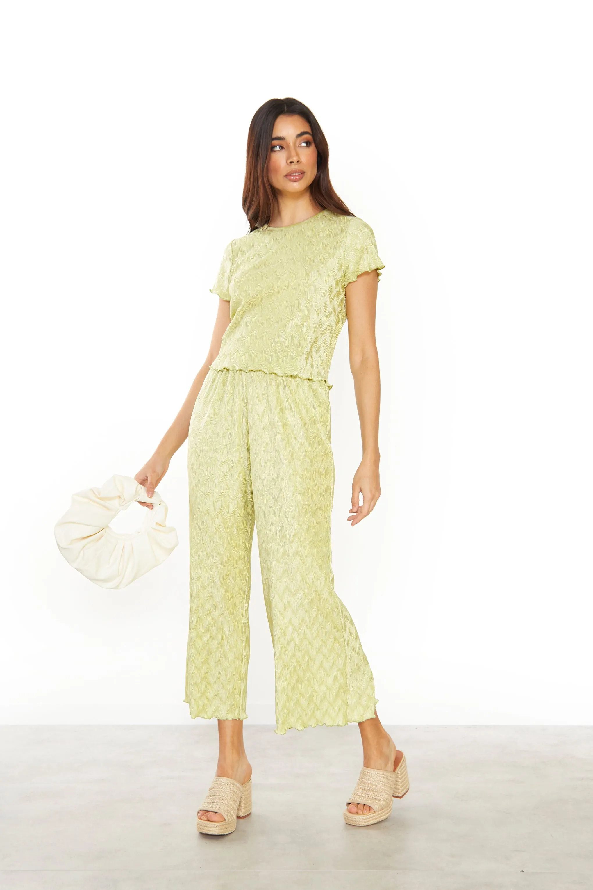 Glamorous Green Plisse Lettuce Hem Relaxed Trousers