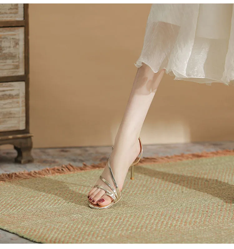 Gold Thin Heel Open Toe Round Toe High Heels