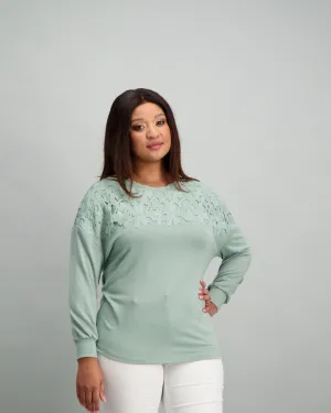 Ladies Lace Knit Inset Crepe Top - Bluebell
