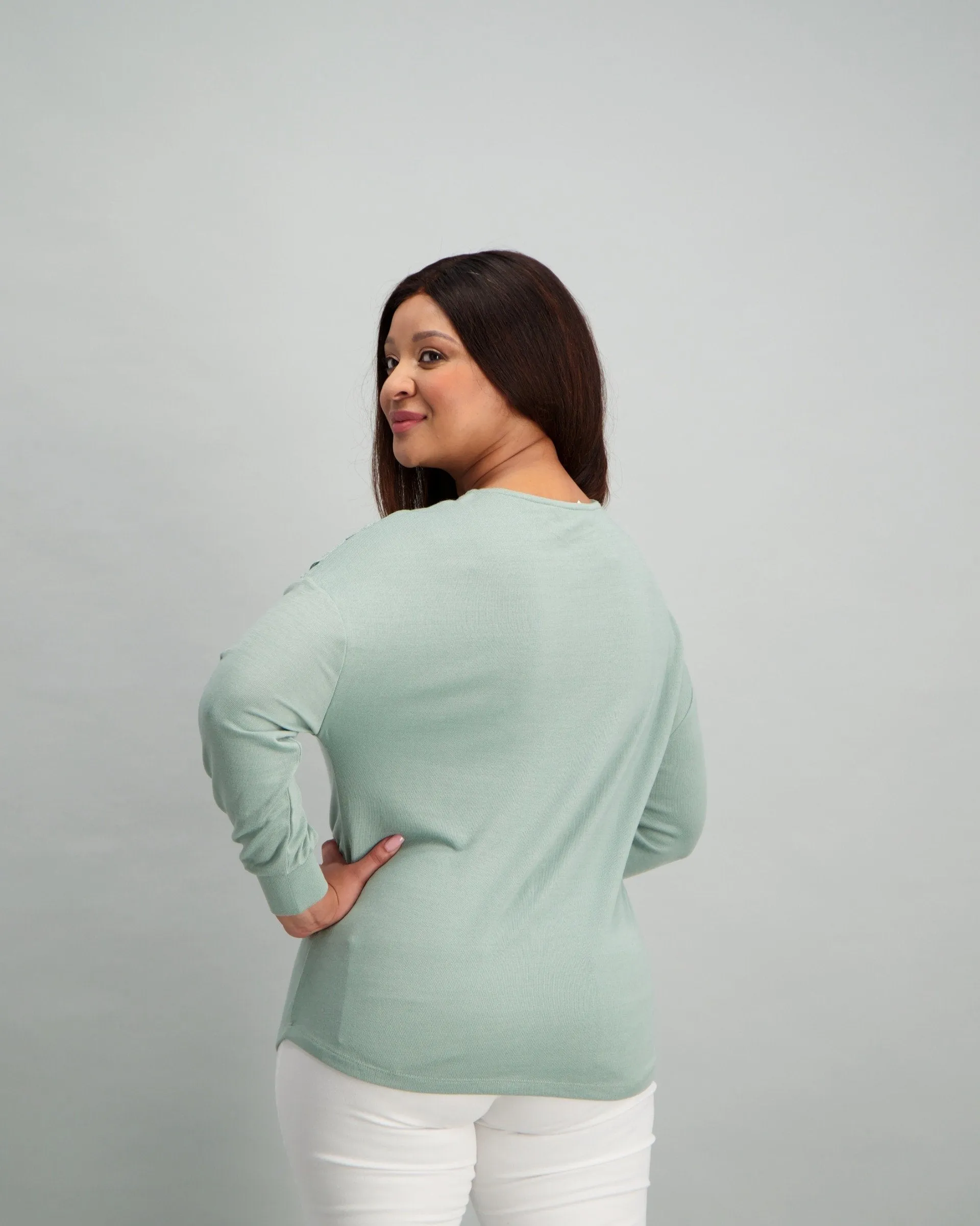 Ladies Lace Knit Inset Crepe Top - Bluebell