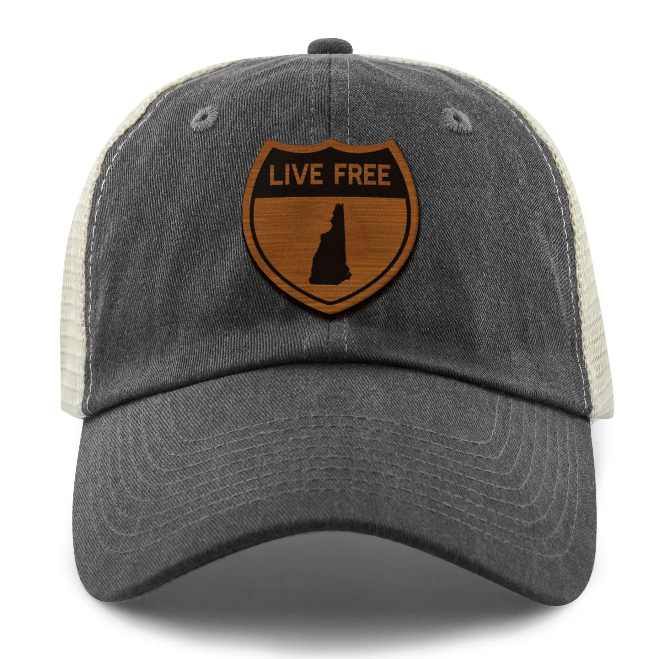 Live Free New Hampshire Road Sign Wood Grain Patch Relaxed Trucker