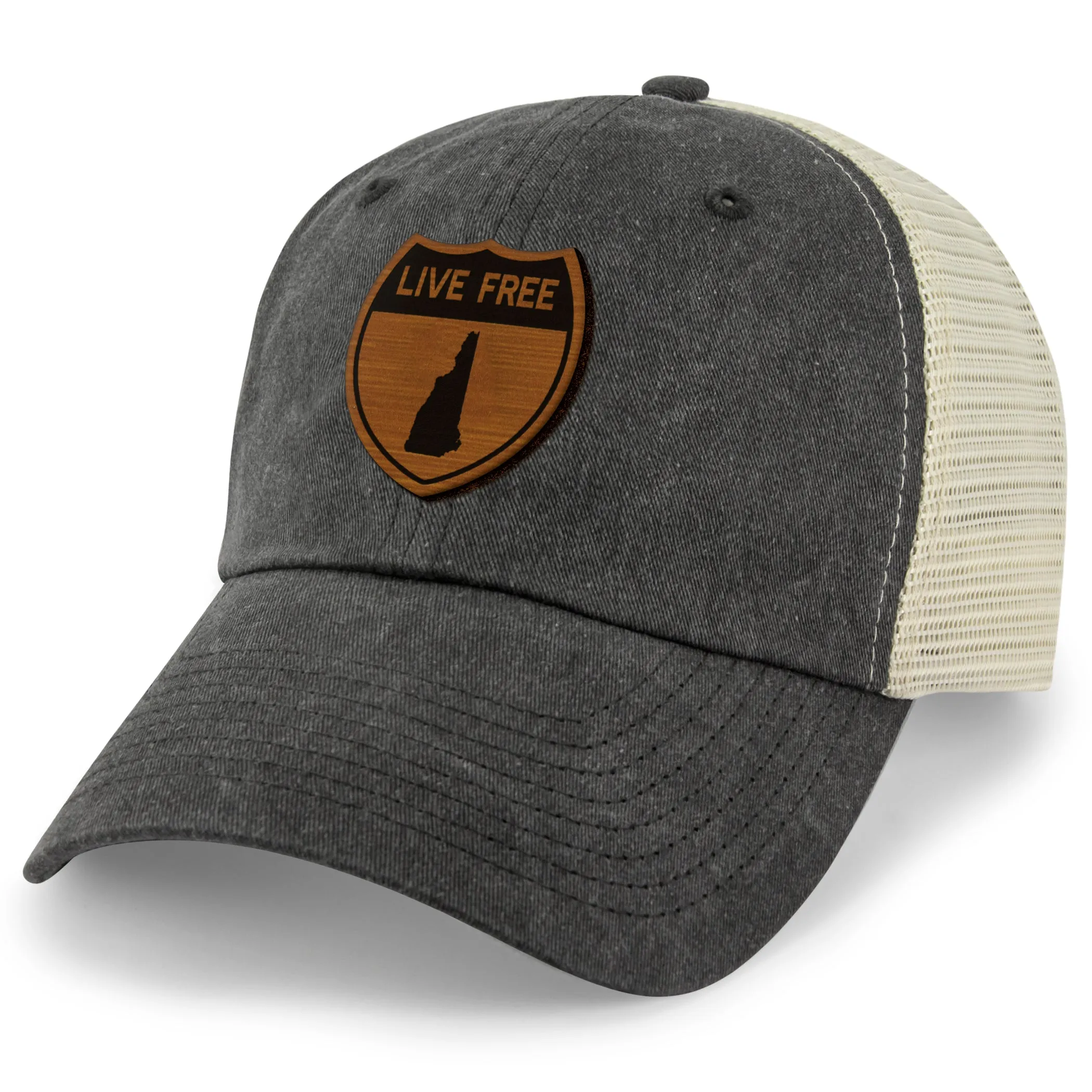 Live Free New Hampshire Road Sign Wood Grain Patch Relaxed Trucker