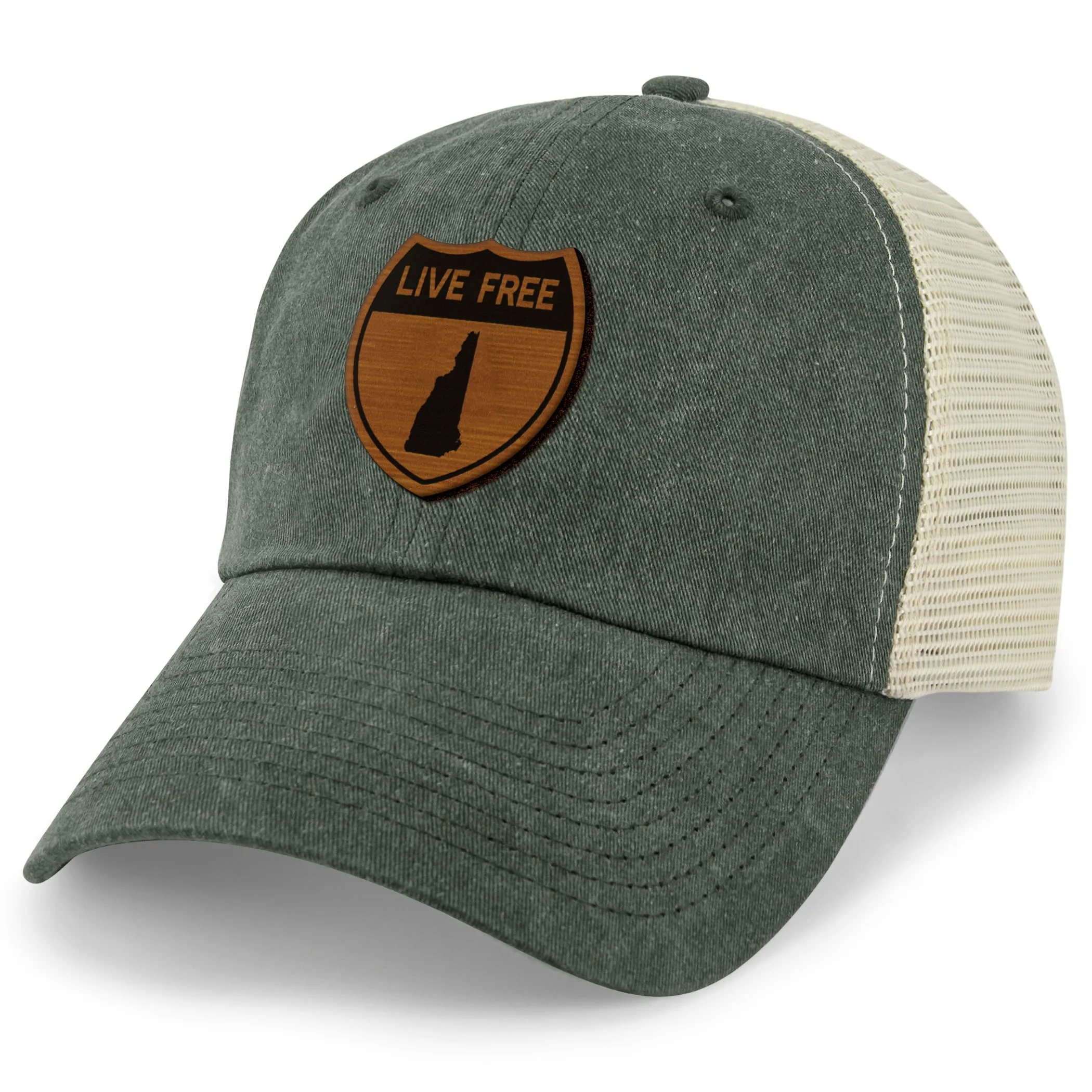 Live Free New Hampshire Road Sign Wood Grain Patch Relaxed Trucker