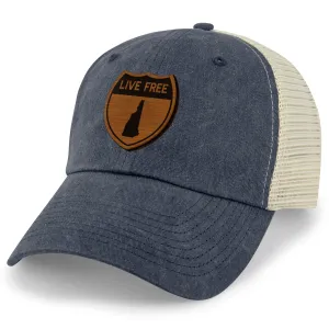 Live Free New Hampshire Road Sign Wood Grain Patch Relaxed Trucker