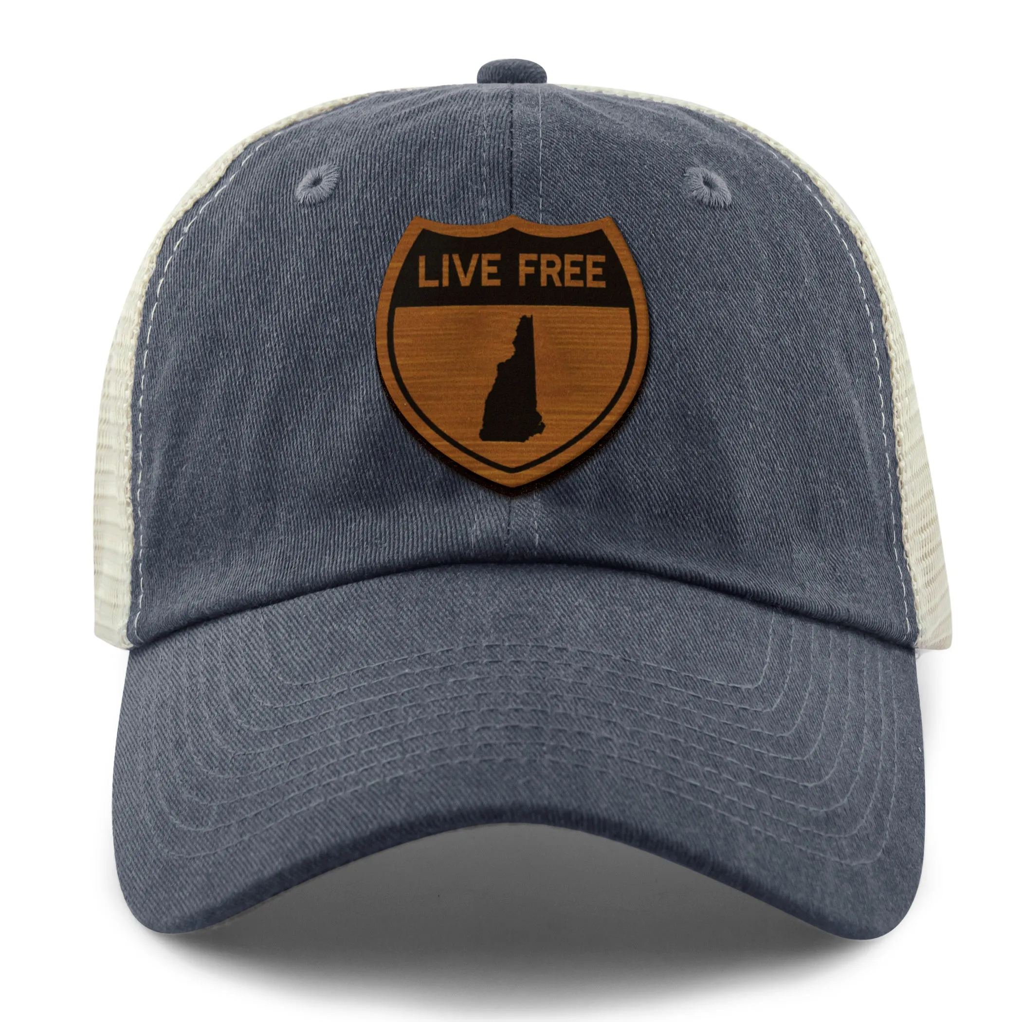 Live Free New Hampshire Road Sign Wood Grain Patch Relaxed Trucker
