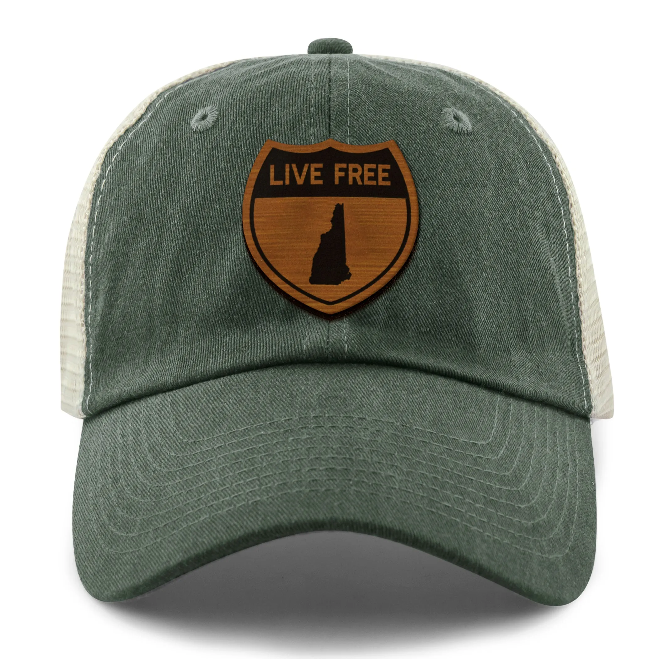Live Free New Hampshire Road Sign Wood Grain Patch Relaxed Trucker