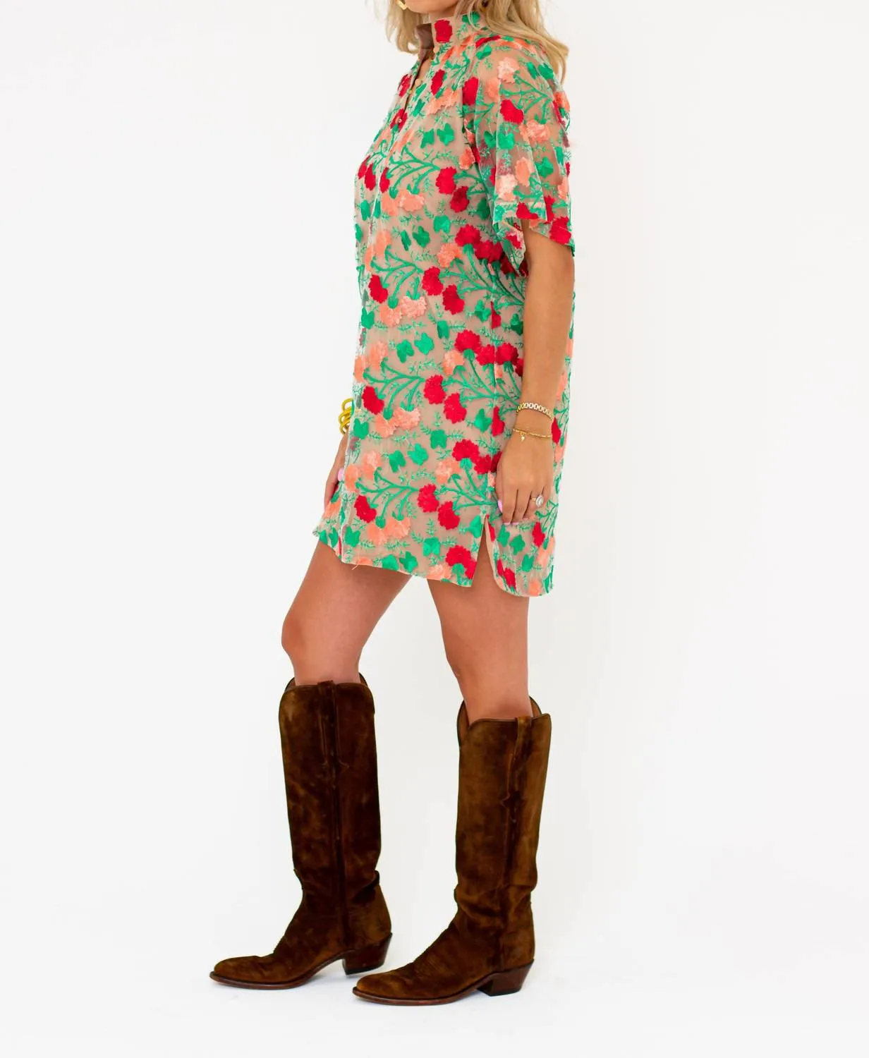 Lulu Short Sleeve Mini Caftan In Precious Coral