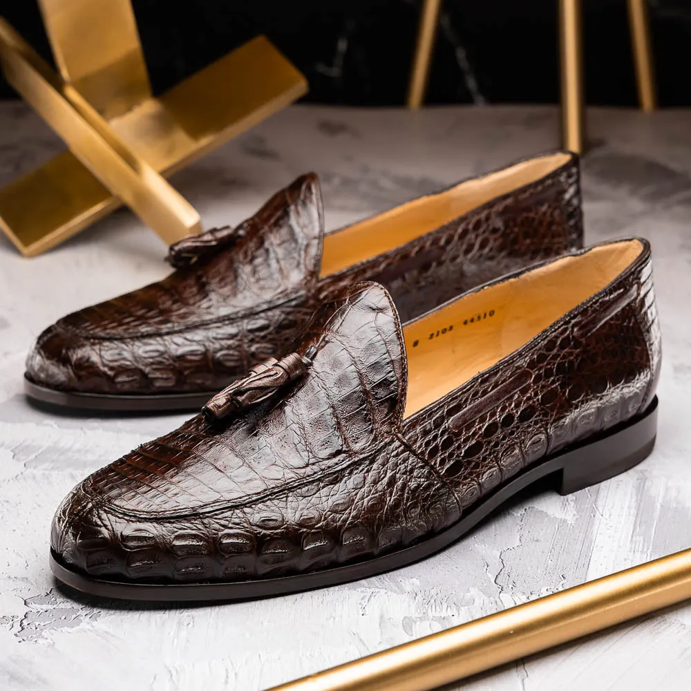 Marco Di Milano Bianchi in Brown Caiman Crocodile Tassel Loafers