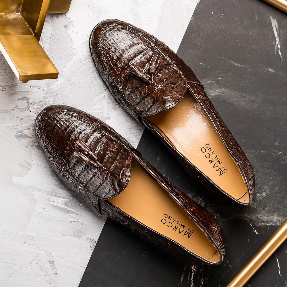 Marco Di Milano Bianchi in Brown Caiman Crocodile Tassel Loafers
