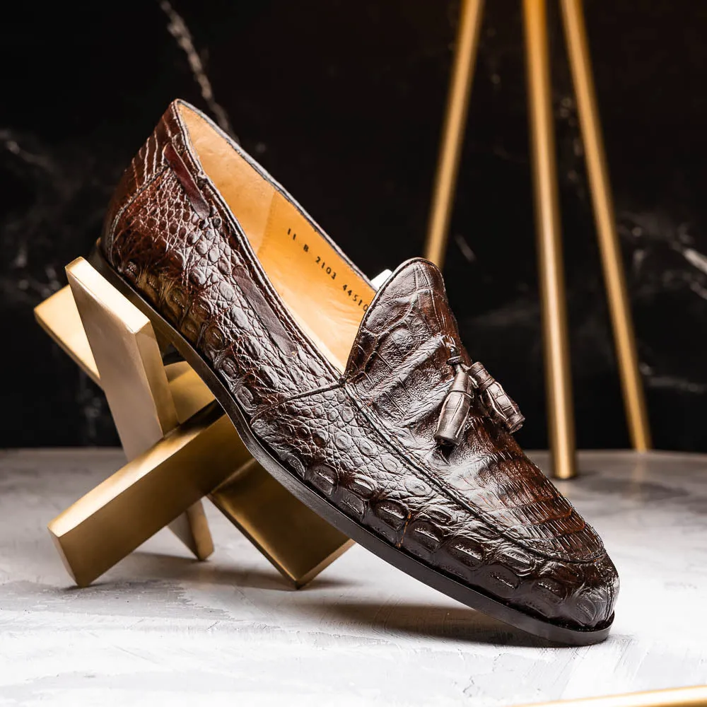 Marco Di Milano Bianchi in Brown Caiman Crocodile Tassel Loafers