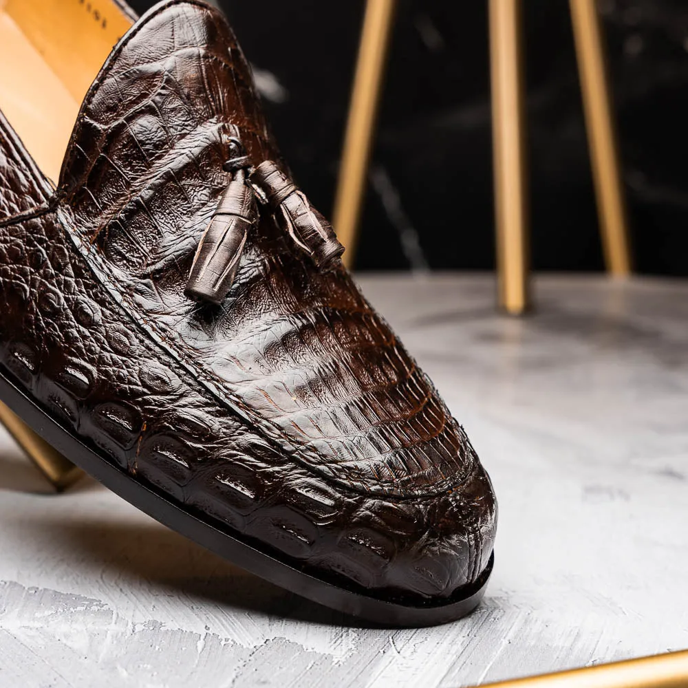 Marco Di Milano Bianchi in Brown Caiman Crocodile Tassel Loafers