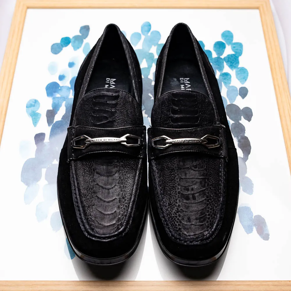 Marco Di Milano Hugo in Black Sueded Ostrich Leg Bit Loafers