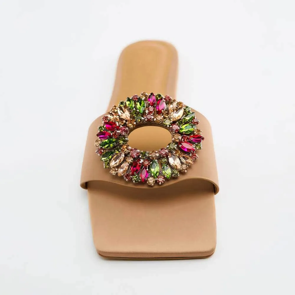 Multistone Crystal Embellished Flat Slip-On Slides