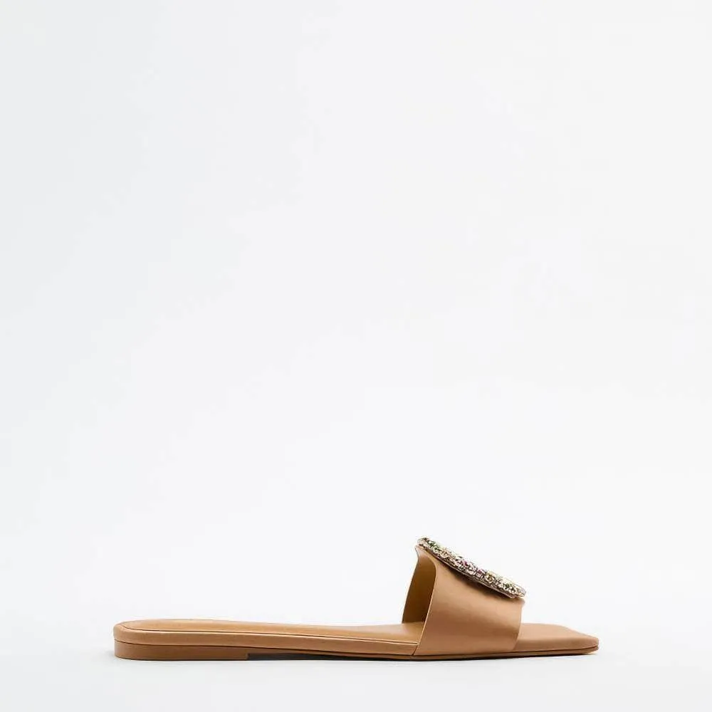 Multistone Crystal Embellished Flat Slip-On Slides