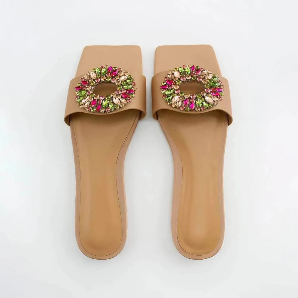 Multistone Crystal Embellished Flat Slip-On Slides
