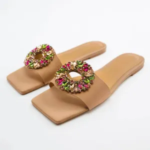 Multistone Crystal Embellished Flat Slip-On Slides