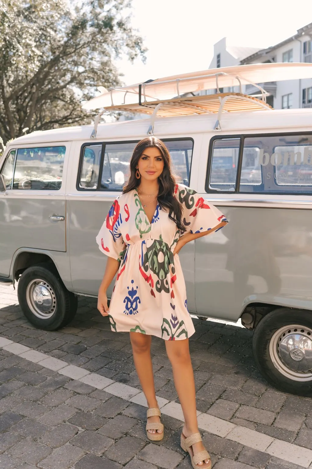 Natural Print V Neck Mini Dress