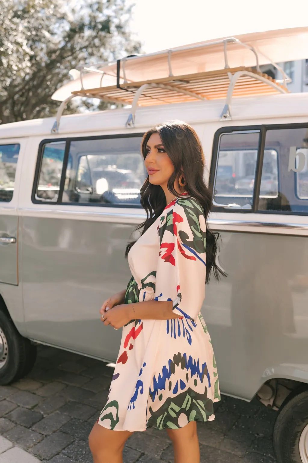 Natural Print V Neck Mini Dress
