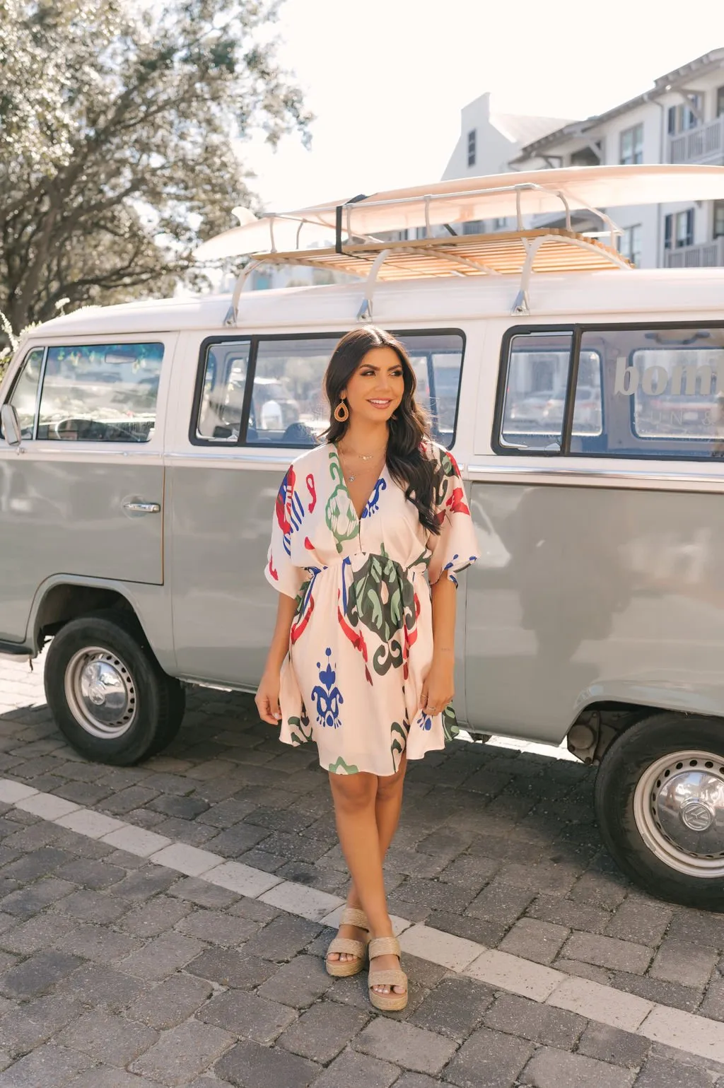 Natural Print V Neck Mini Dress