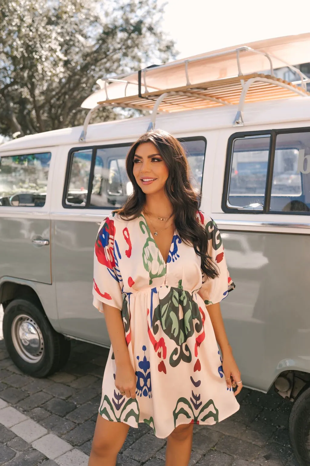 Natural Print V Neck Mini Dress