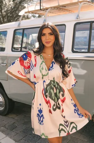 Natural Print V Neck Mini Dress