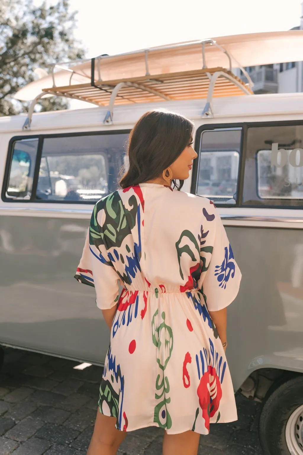 Natural Print V Neck Mini Dress