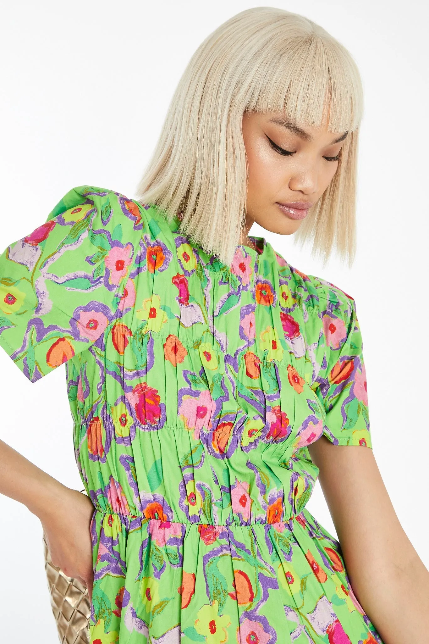 Neon-Green Floral Short Sleeve Smocked Mini-Dress