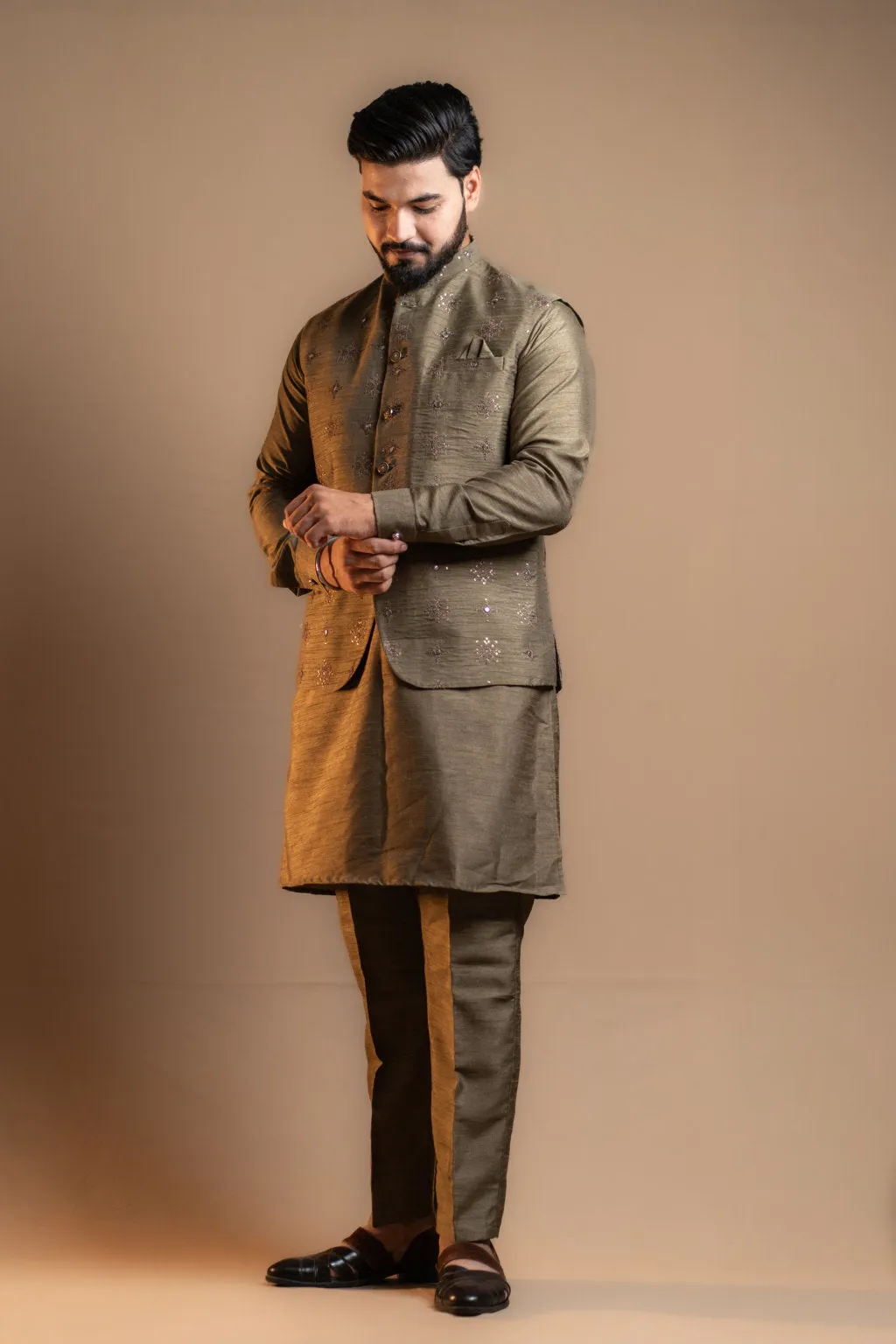 Olive Green Embroidered Kurta Set with Jacket