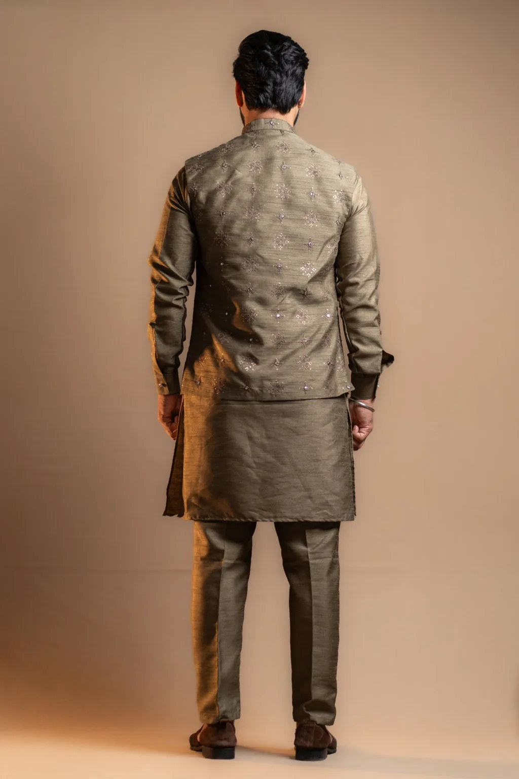 Olive Green Embroidered Kurta Set with Jacket